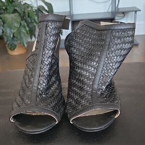 Women's Black Woven Peep-Toe Ankle Boots